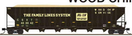 Greenville 7000-Cubic Foot Wood Chip Hopper - Ready to Run -- Family Lines CSXT #433342 (Patched, black, yellow logo, conspicuity stripes)