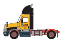 Freightliner Cascadia Raised-Roof 2-Axle Semi Tractor - Assembled -- Estes #2 (yellow, black, red; United States Dept. of Transportation Number)