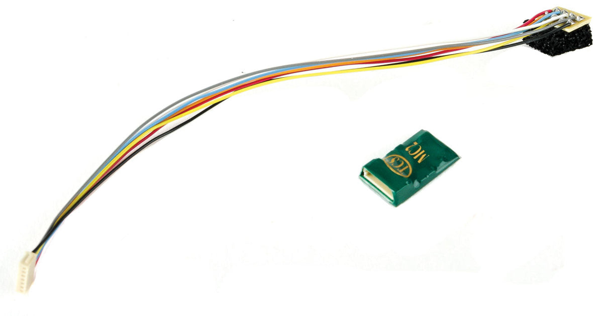 MC2P-LH 2-Function DCC BEMF Decoder with Long Harness - Control Only -- With 8-Pin NMRA Plug - .42 x .723 x .191"  10.67 x 18.36 x 4.85mm