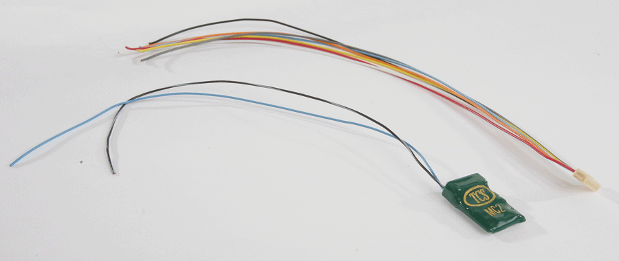 MC2-KA 2-Function DCC Decoder w/TCS Keep Alive Wires - Control Only -- No Harness w/blue, black/white Wires .4 x .72 x .19" or 10.7 x 18.4 x 4.9mm