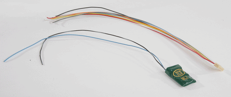 MC2-KA 2-Function DCC Decoder w/TCS Keep Alive Wires - Control Only -- No Harness w/blue, black/white Wires .4 x .72 x .19" or 10.7 x 18.4 x 4.9mm