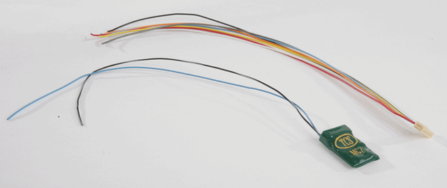 MC2-KA 2-Function DCC Decoder w/TCS Keep Alive Wires - Control Only -- No Harness w/blue, black/white Wires .4 x .72 x .19" or 10.7 x 18.4 x 4.9mm