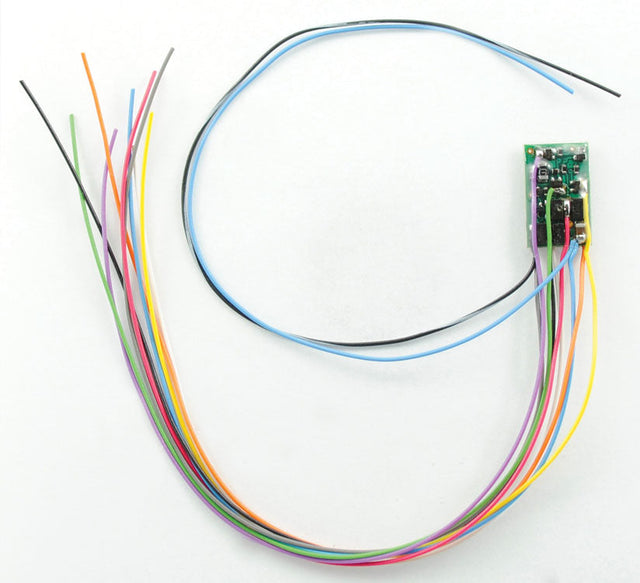 M4-KA 4-Function DCC Decoder w/TCS Keep Alive Wires - Control Only -- Hardwire w/Extra blue, black/white Wires .37 x .59 x .11" or 9.3 x  14.9 x