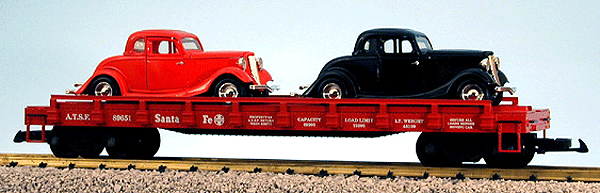 American Series - Auto Flatcars w/Load -- Santa Fe #89651 (red w/black & red Ford Coupes)