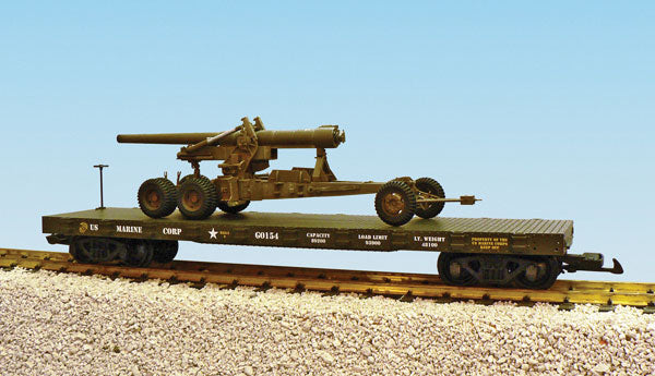 Steel Flatcar with Load - Ready-to-Run -- United States Marine Corps #G0154 (Long Tome Cannon, green)