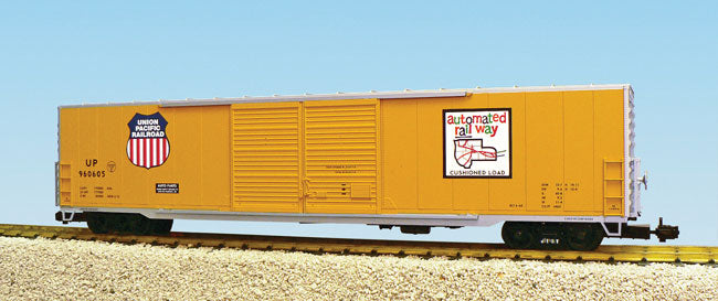 Ultimate Series 60' Steel Double-Door Boxcar w/Cushioned Coupler - Ready to Ru -- Union Pacific (Armour Yellow, silver)