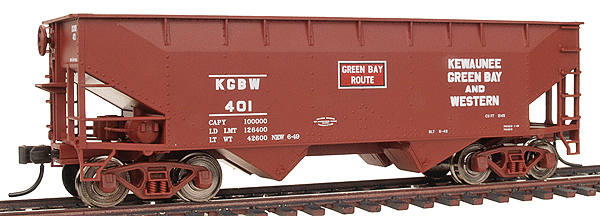 Atlas HO Trainman(TM) 2-Bay Offset Open Hopper w/Flat End - Assembled -- Kewaunee, Green Bay & Western #401 (Oxide Red, white)