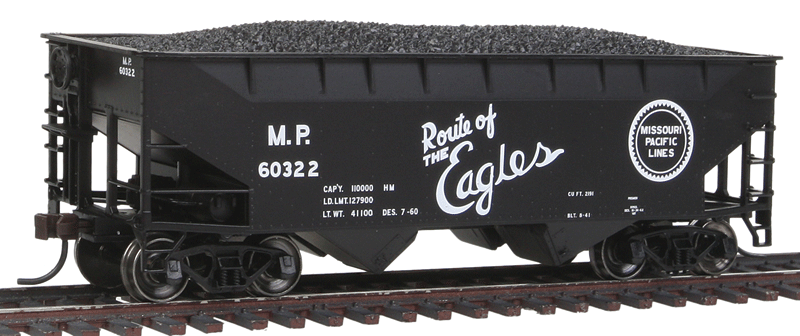 Offset-Side 2-Bay Open Hopper w/Flat End - Ready to Run -- Missouri Pacific #60322 (black, Large Route of the Eagles Slogan)