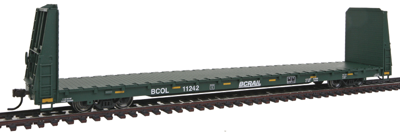 62' Bulkhead Flatcar - Ready to Run -- BC Rail BCOL #11242 (green, yellow Conspicuity Marks)