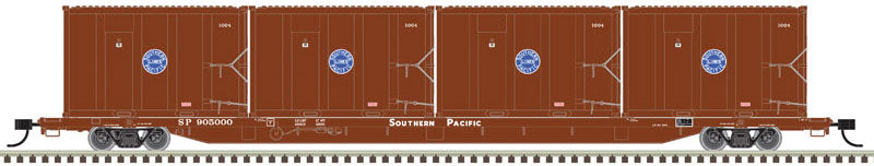 85' Trash Container Flatcar with 4 MSW Containers - Ready to Run -- Southern Pacific 905087 SP 1061, 1075, 1088, 1092 (Fantasy Scheme, brown)