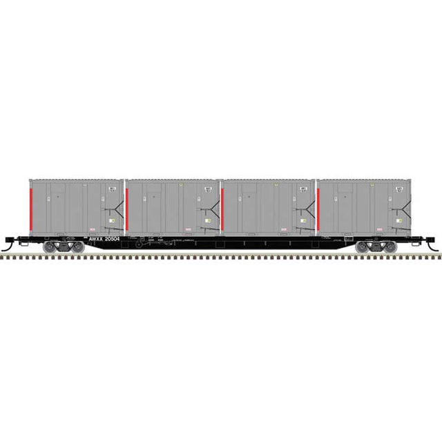 85' Trash Container Flatcar with 4 MSW Containers - Ready to Run -- East Carbon AWXX #20504/AWIU 1201, 1315, 1179, 1220 (black)