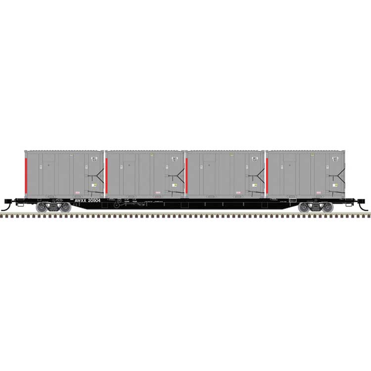 85' Trash Container Flatcar with 4 MSW Containers - Ready to Run -- East Carbon AWXX #20551/AWIU 1239, 1133, 1104, 1212 (black)