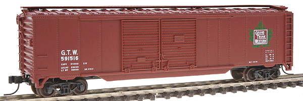 Atlas N Trainman(R) 50' Double Door Boxcar -- Grand Truck Western #591516 (brown, white, green)