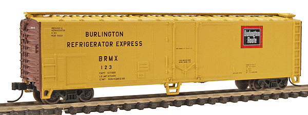 Atlas N Trainman(R) 50' Mechanical Reefer -- Chicago, Burlington & Quincy #123 (yellow, brown)