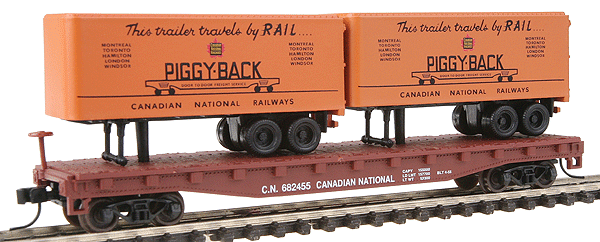 Atlas Trainman(R) Piggyback with 2 Trailers -- Canadian National #682455 (orange, white, black, brown)