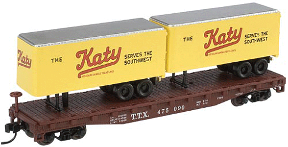 Atlas Trainman(R) Piggyback with 2 Trailers -- Missouri Kansas & Texas (TTX Flatcar) #475090 (yellow, red, white, black)