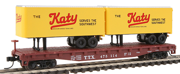 Atlas Trainman(R) Piggyback with 2 Trailers -- Missouri Kansas & Texas (TTX Flatcar) #475114 (yellow, red, white, black)