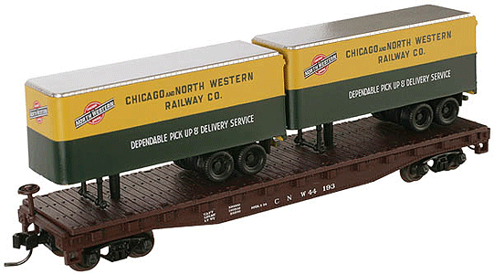 Trainman(TM) 50' Flatcar with Two Trailers, Assembled -- Chicago & North Western #44193