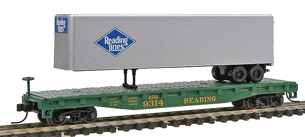 Atlas Trainman(R) 50' Flatcar w/40' Trailer -- Reading #9314 (green, yellow, blue)
