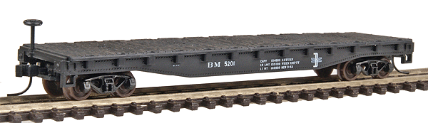 N Trainman(R) 50' Flatcar with Stakes, Assembled -- Boston & Maine #5201 (black, white)