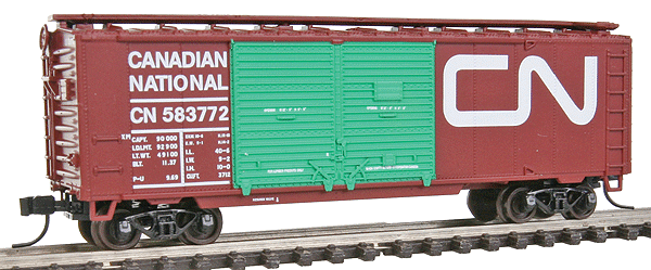 Trainman(R) 40' Double-Door Boxcar - Ready to Run -- Canadian National #583772 (Boxcar Red, green Doors, Large Noodle Logo)