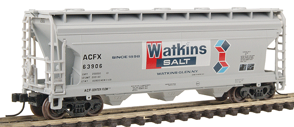 Atlas N Trainman(TM) ACF(R) 3560 Center Flow Covered Hopper - Assembled -- Watkins Salt (ACFX) #63906 (gray, red, white, blue)