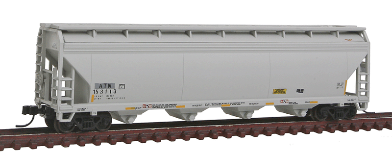 ACF(R) 5250 4-Bay Covered Hopper - Ready to Run -- Atlantic & Western ATW #153113 (gray, yellow Conspicuity Markings, No Logo)