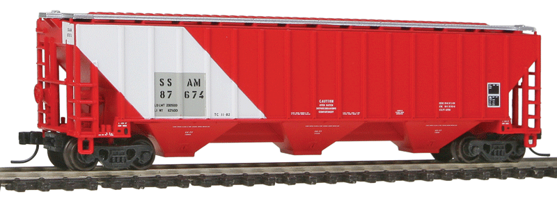 Thrall 4750 3-Bay Covered Hopper - Ready to Run -- Sault St. Marie Bridge Co. (WC) SSAM #87674 (Patch Job, red, whie, gray)
