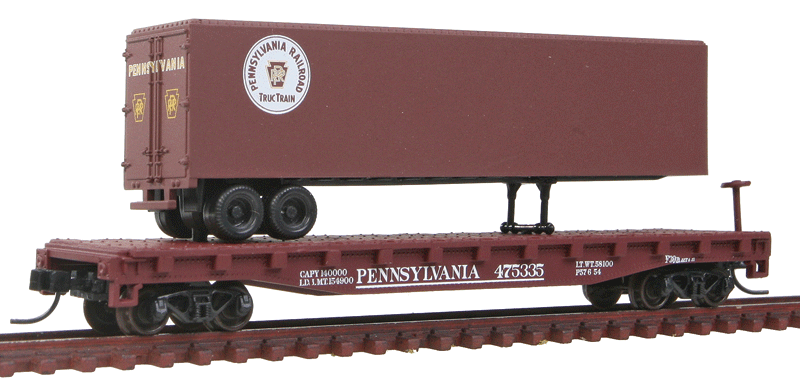 50' Flatcar w/40' Trailer - Ready to Run -- Pennsylvania Railroad #475335 (Tuscan Flat & Trailer, Truc-Train Logo)