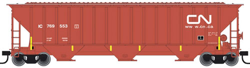 Thrall 4750 3-Bay Covered Hopper - Ready to Run -- Canadian National #769587 (Boxcar Red, yellow Conspicuity Markings)