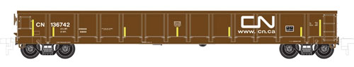 Evans 52' Gondola - Ready to Run -- Canadian National #136744 (Boxcar Red, white, yellow, Noodle Website Logo)