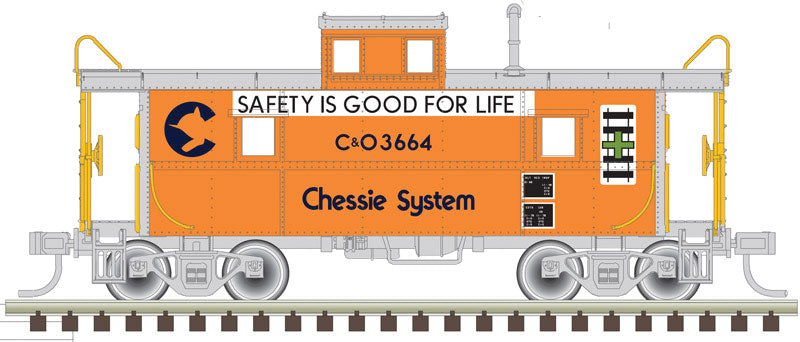 C&O-Style Steel Center-Cupola Caboose - Ready to Run -- Chessie System C&O #3664 (Safety Scheme; orange, silver, blue)