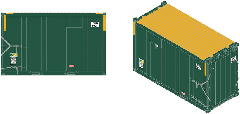 20' High-Cube MSW Trash Container 4-Pack - Ready to Run -- USWX Set #1 (green, orange stripes)