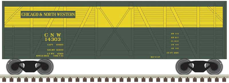40' Steel Stock Car - Ready to Run -- Chicago & North Western 14303 (green, yellow)