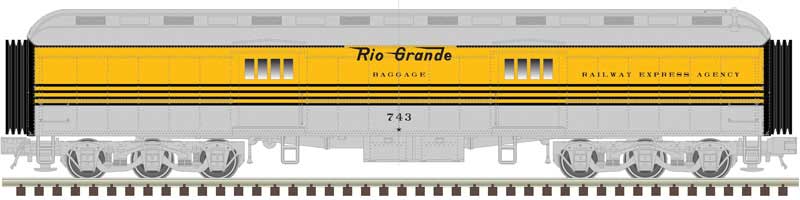 ACF Heavyweight 60' Baggage Car - Ready to Run -- Denver & Rio Grande Western 741 (4-Stripe, Aspen Gold, silver, black)