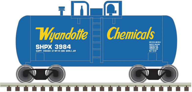 28' Beer Can Shorty Tank Car - Ready to Run -- Wyandotte Chemicals SHPX #3984 (blue, yellow)