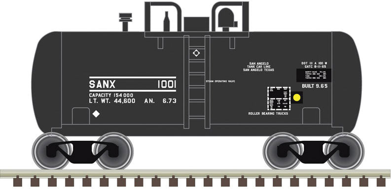28' Beer Can Shorty Tank Car - Ready to Run -- San Angelo Tank Car SANX 1001 (black, white)