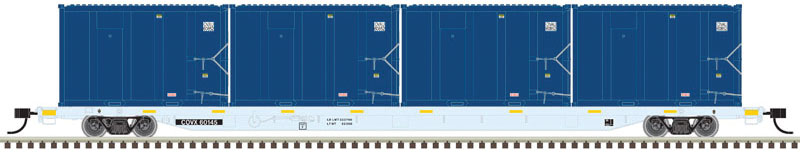 85' Trash Container Flatcar with 4 MSW Containers - Ready to Run -- Covanta 60233 (gray) with OVAU 61213, 61265, 60091, 60674 (blue)