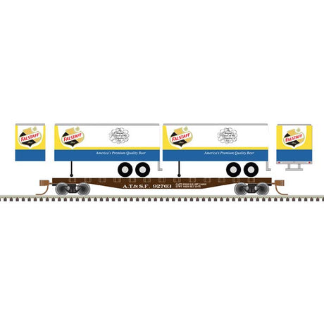 50' Piggyback Flatcar w/Two 24' Trailers - Ready to Run -- Santa Fe #95763 (Falstaff Trailers; white, blue, yellow, black, red)