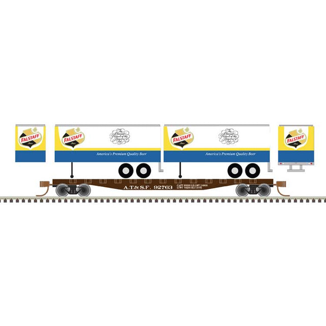 50' Piggyback Flatcar w/Two 24' Trailers - Ready to Run -- Santa Fe #95763 (Falstaff Trailers; white, blue, yellow, black, red)