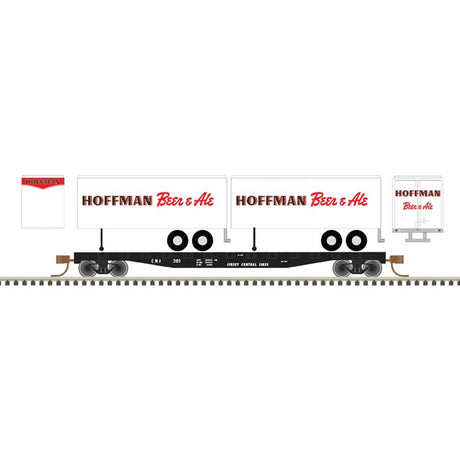 50' Piggyback Flatcar w/Two 24' Trailers - Ready to Run -- Central Railroad of New Jersey #301 (Hoffman Trailers, white, black, red)