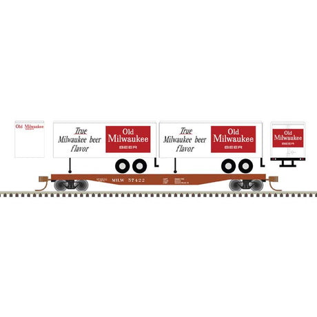 50' Piggyback Flatcar w/Two 24' Trailers - Ready to Run -- Milwaukee Road #57514 (Old Milwaukee Trailers, white, black, red)