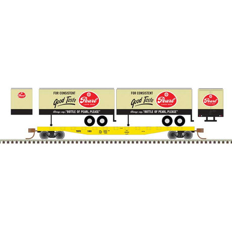 50' Piggyback Flatcar w/Two 24' Trailers - Ready to Run -- Texas Transportation Co. #107 (Pearl Trailers, tan, black, red)