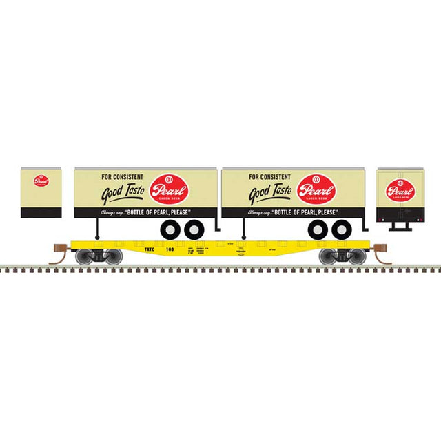 50' Piggyback Flatcar w/Two 24' Trailers - Ready to Run -- Texas Transportation Co. #107 (Pearl Trailers, tan, black, red)