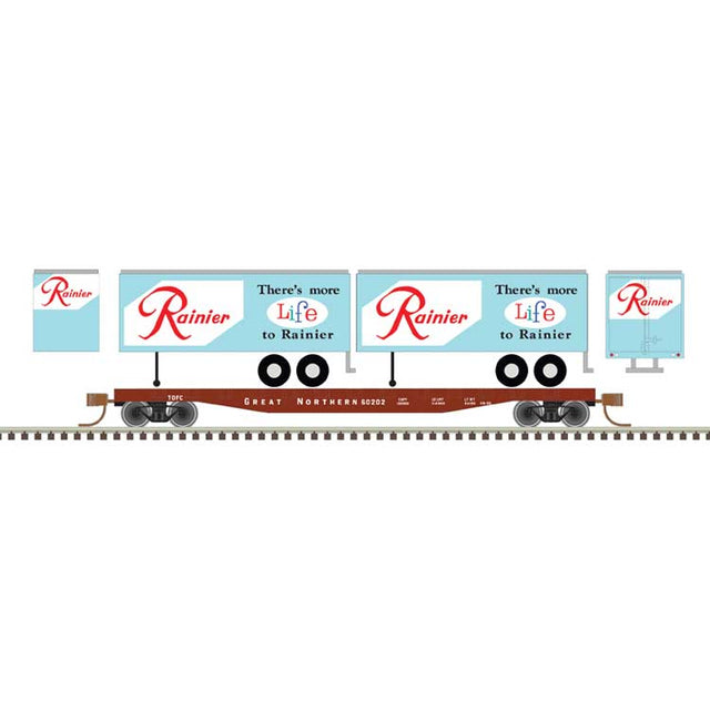 50' Piggyback Flatcar w/Two 24' Trailers - Ready to Run -- Great Northern #60202 (Rainier Trailers, blue, red, white, green)