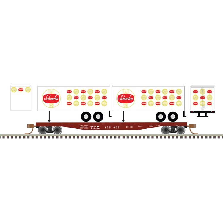 50' Piggyback Flatcar w/Two 24' Trailers - Ready to Run -- TTX #475144 (Schaefer Trailers, white, red, gold)