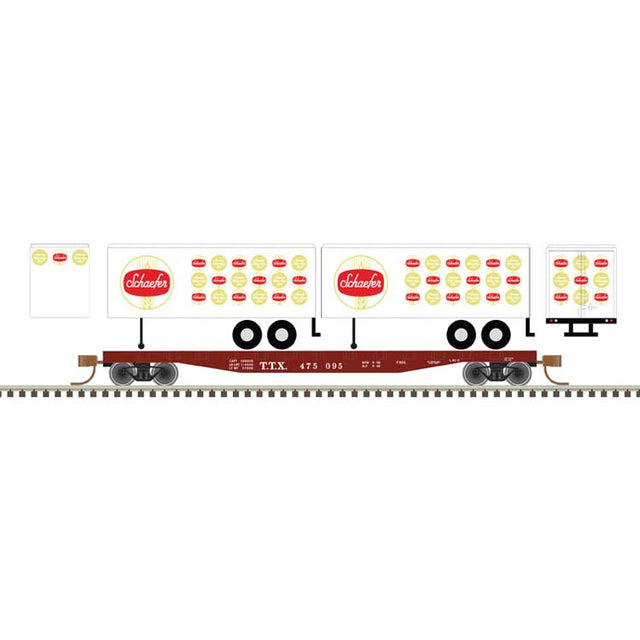 50' Piggyback Flatcar w/Two 24' Trailers - Ready to Run -- TTX #475144 (Schaefer Trailers, white, red, gold)