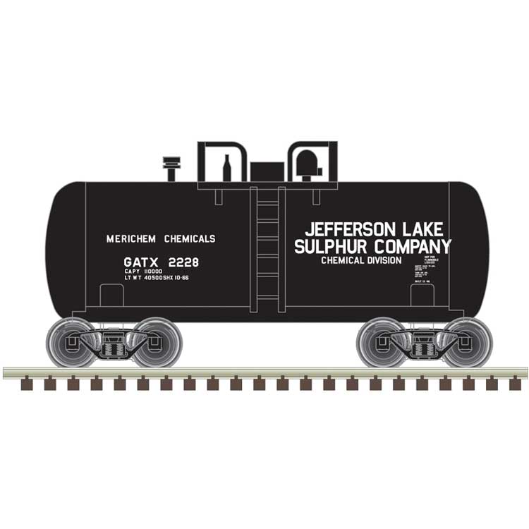 28' Beer Can Shorty Tank Car - Ready to Run -- Jefferson Lake Sulphur GATX #2228 (black, white)