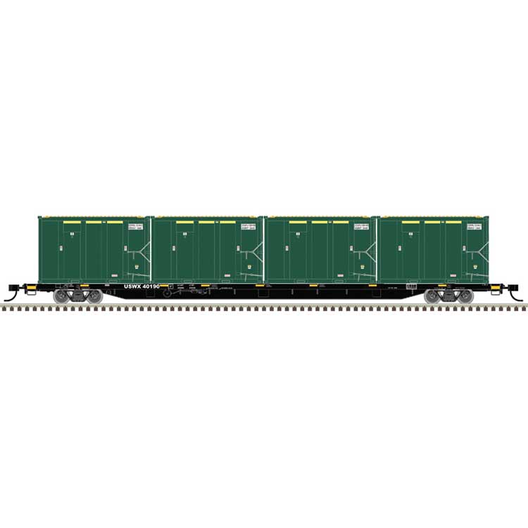 85' Trash Container Flatcar with 4 MSW Containers - Ready to Run -- USA Waste USWX #40190/DSWU/WMNY 00162, 00546, 00090, 00217 (black)