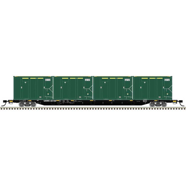 85' Trash Container Flatcar with 4 MSW Containers - Ready to Run -- USA Waste USWX #40190/DSWU/WMNY 00162, 00546, 00090, 00217 (black)